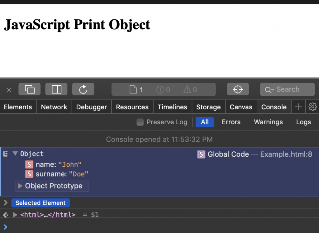 JavaScript Print to Console Object Div Page Button EyeHunts