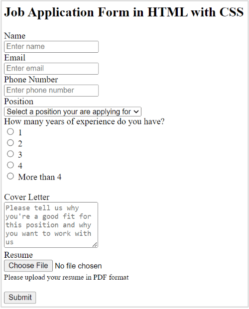 Simple Job Application Form HTML Code with CSS