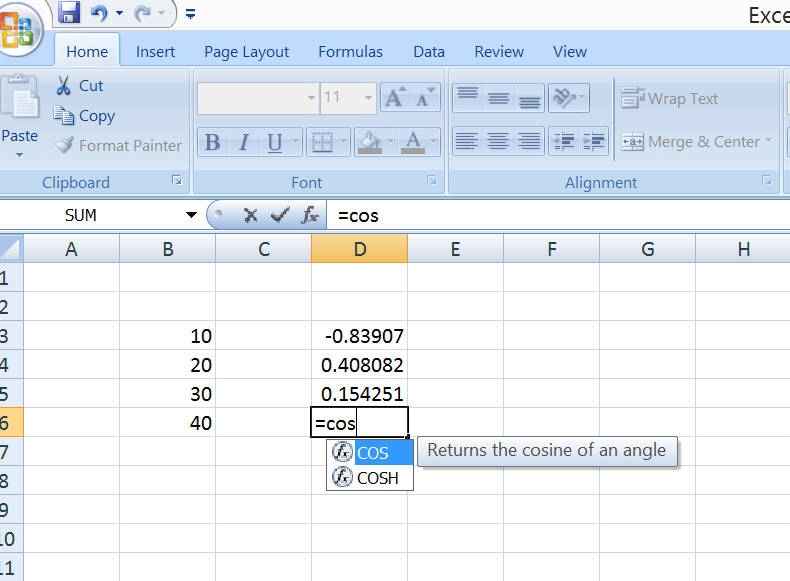 Excel Excel VBA/Formula Math Functions Cos()