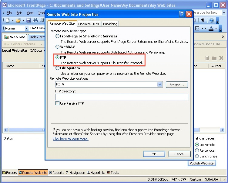 How to publish your site using FTP in FrontPage Bluehost
