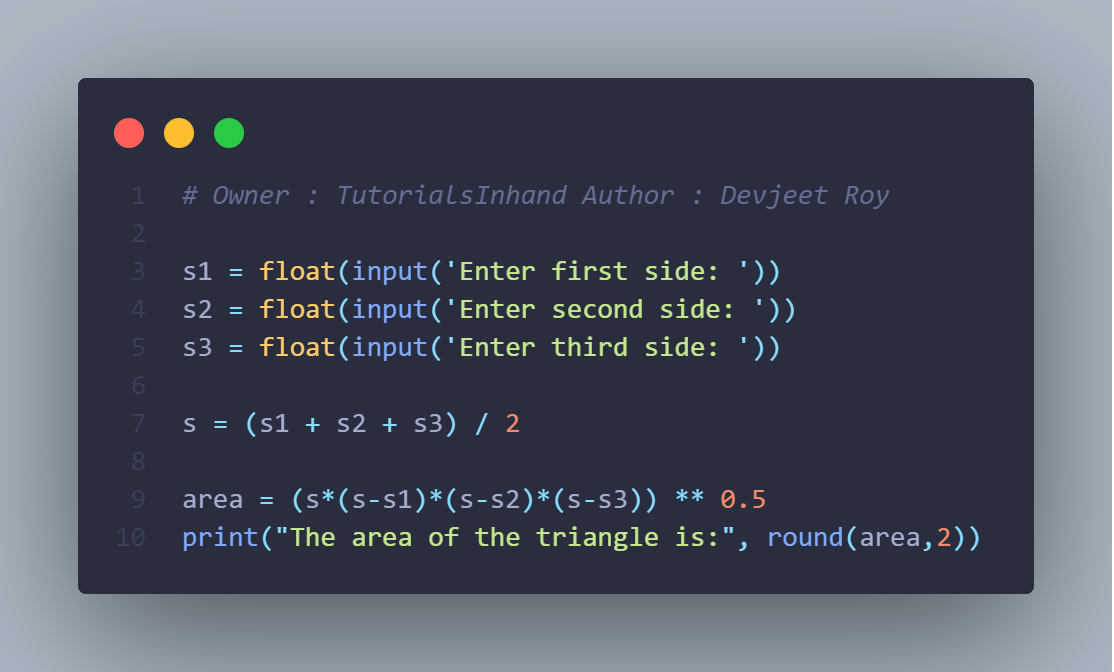 Program to find area of triangle in Python