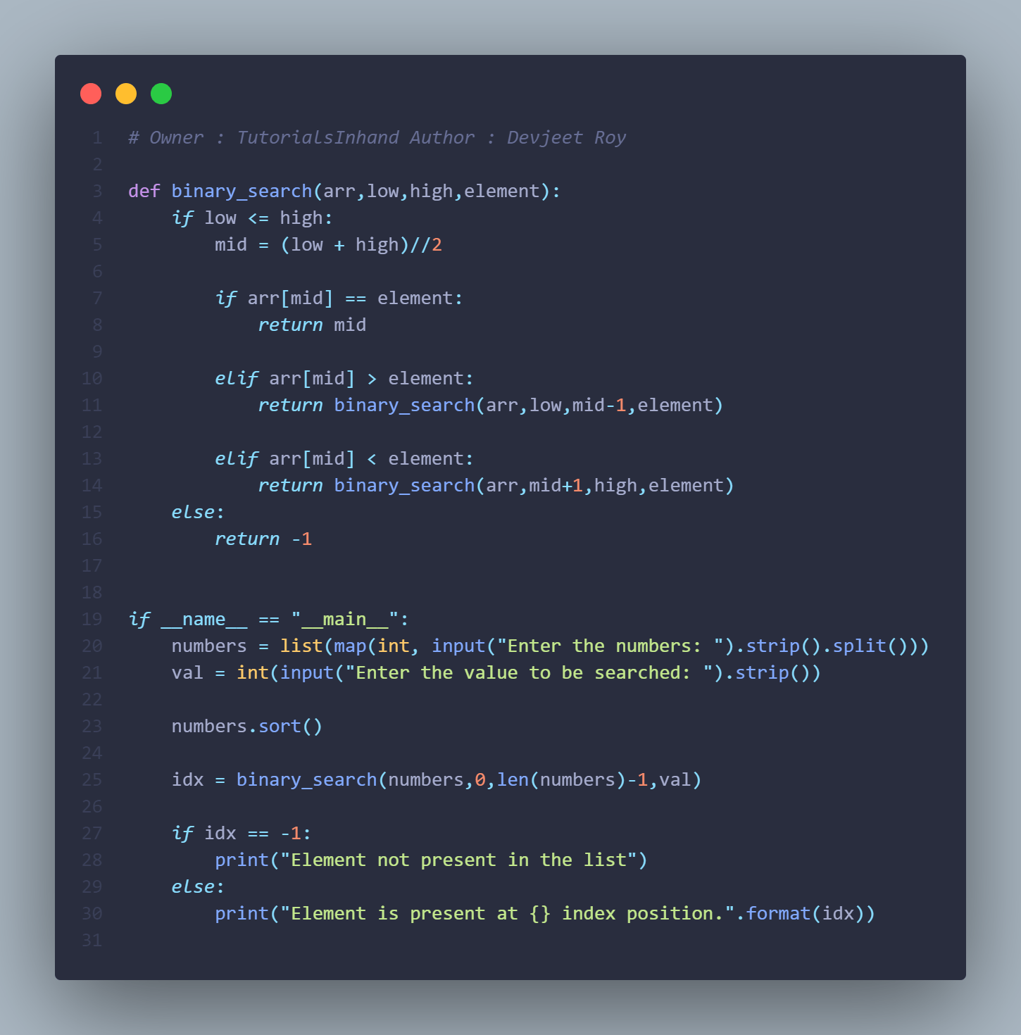 Program to implement binary search in python using function