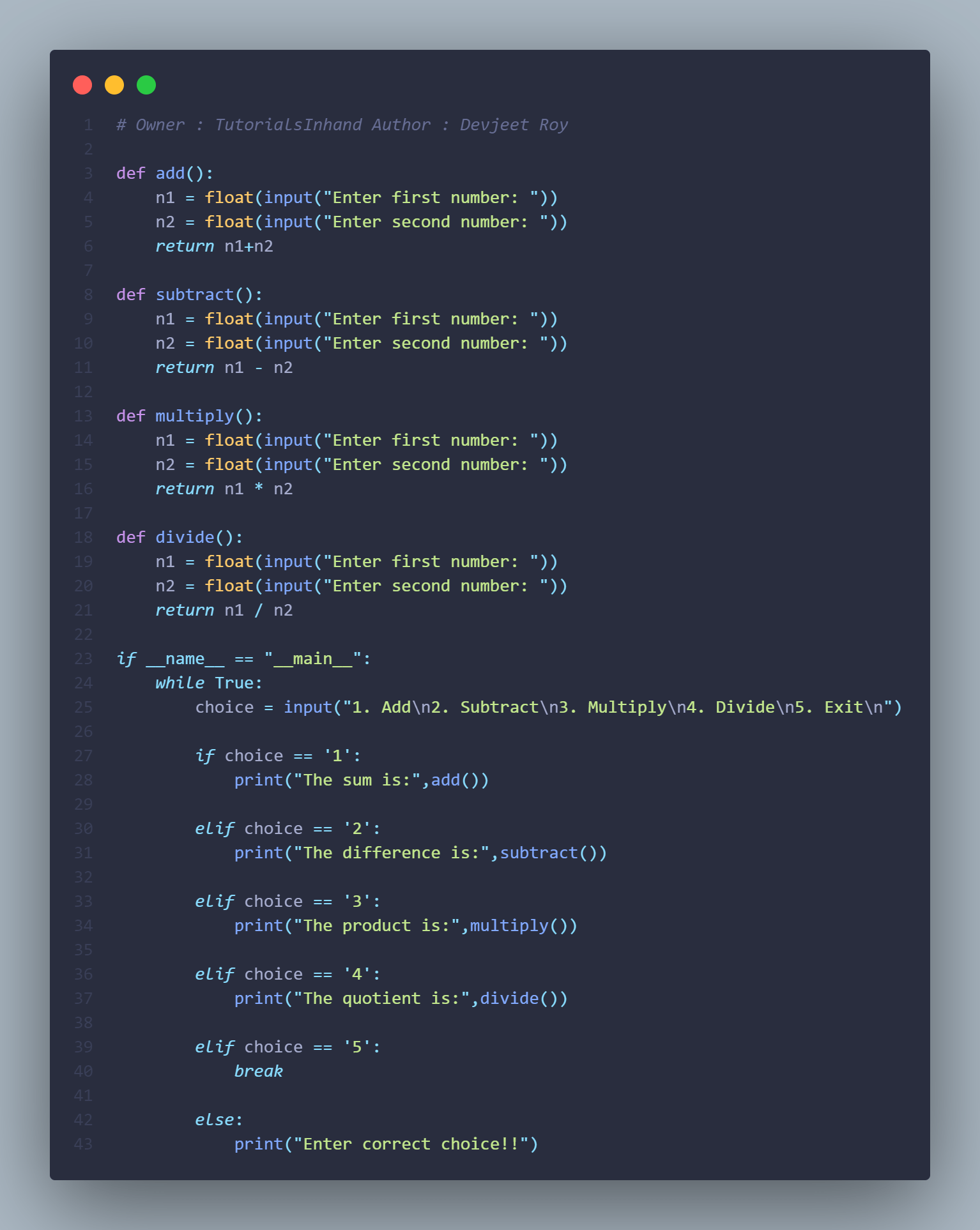 Calculator program in python using function