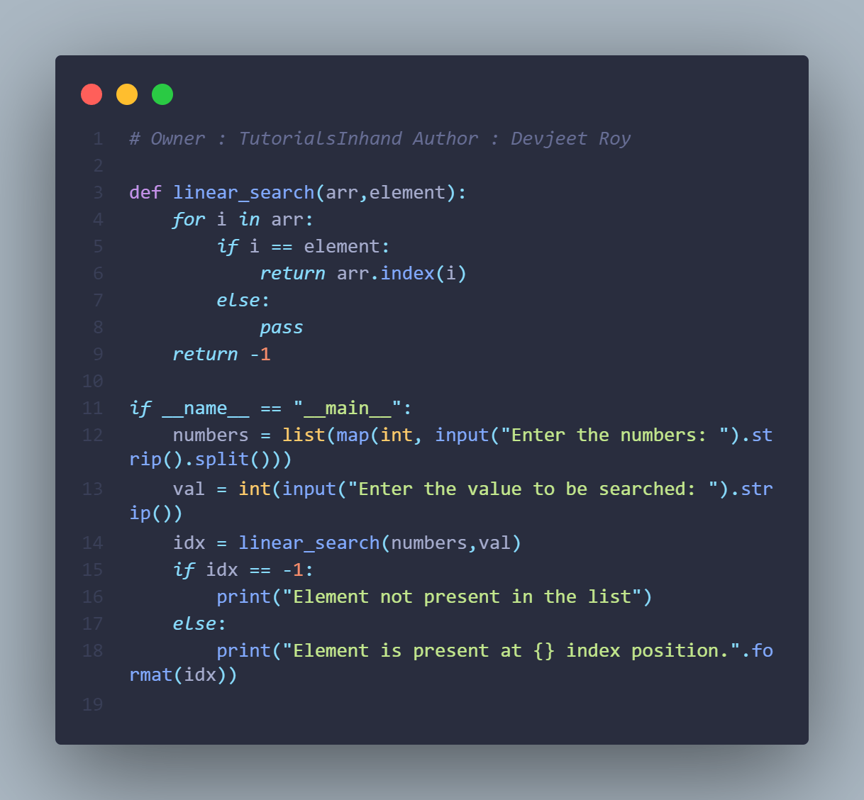 Program to implement linear search in python using for loop