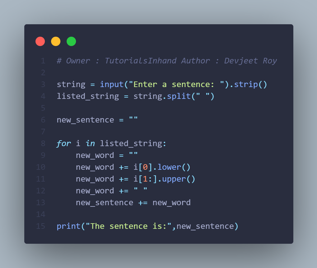 Program to rewrite a sentence in toggle case in Python
