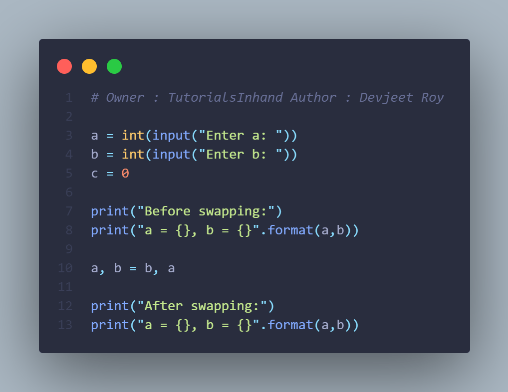 Program to swap two variables in python using assignment operator