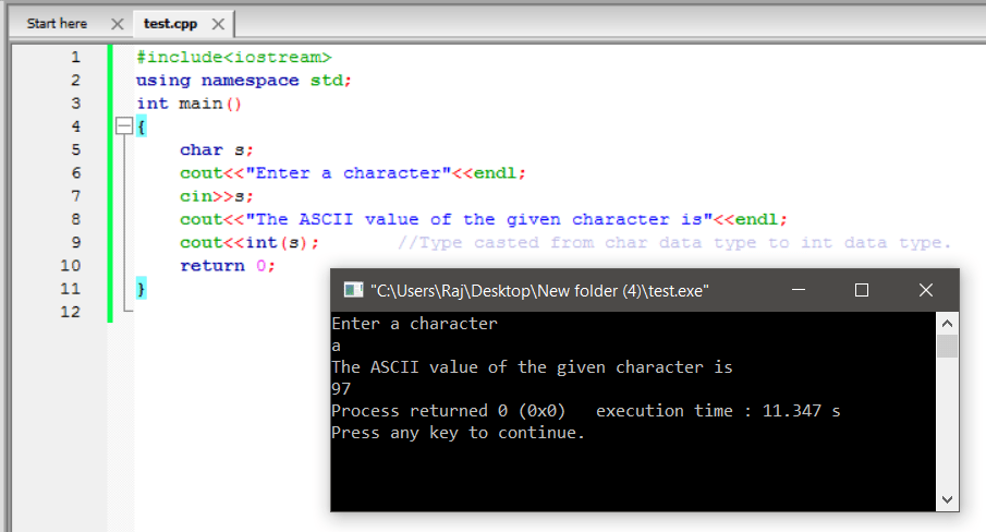 C++ program to find character ASCII value