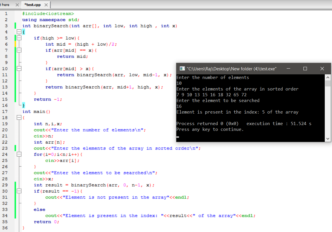 C++ program to search an element using binary search method
