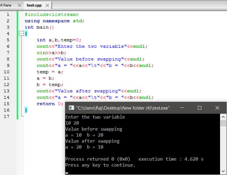 C++ program to swap two variable using 3rd variable
