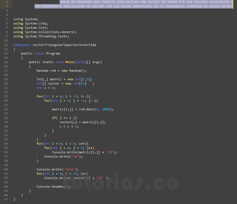 arrays visualStudio c (vector triangular superior invertida
