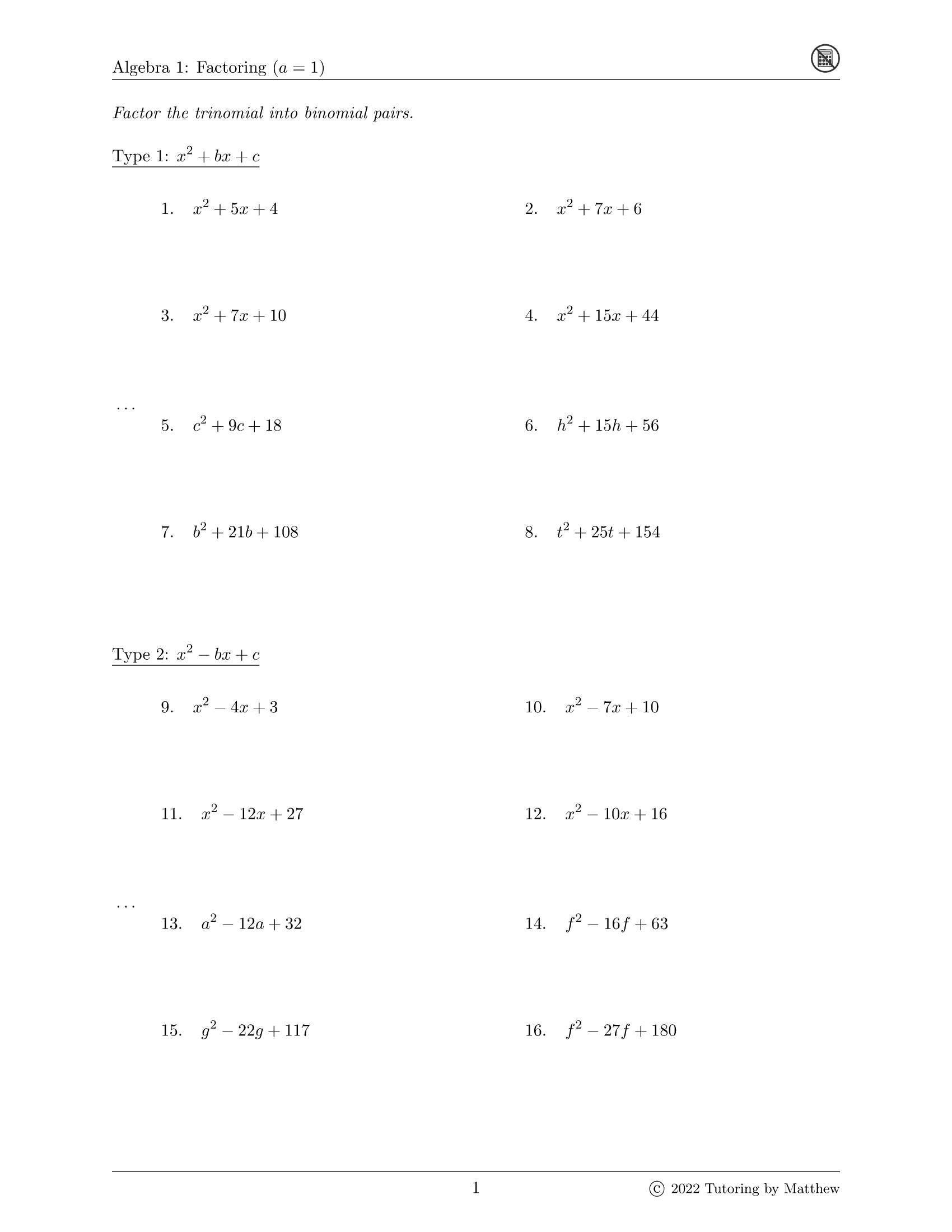 Factoring (a=1) Worksheet Book – Tutoring by Matthew