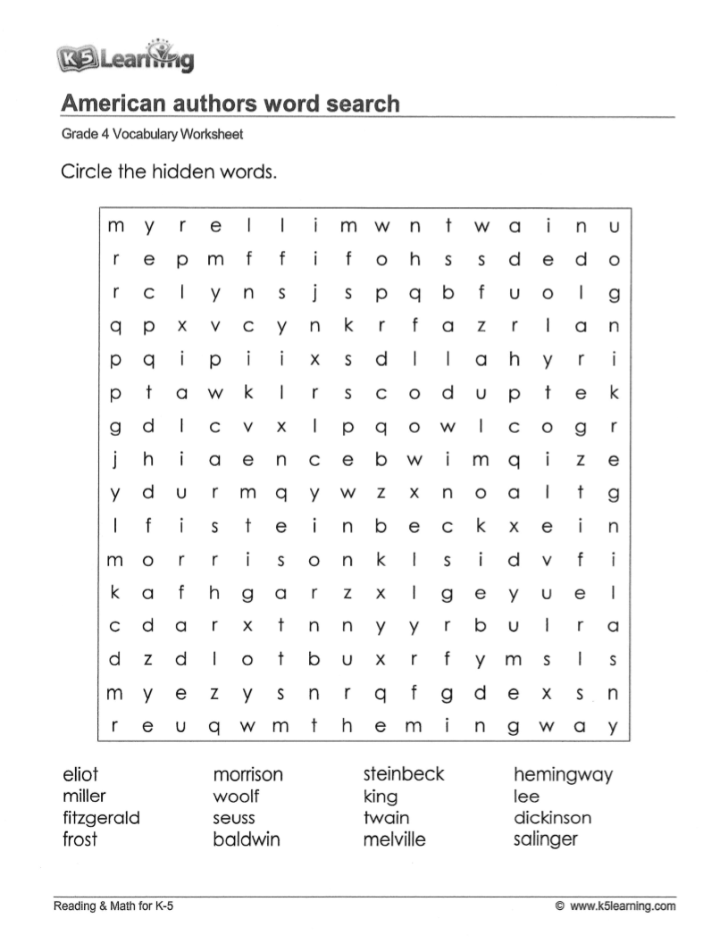 American Authors Word Search – TUTORING YOU