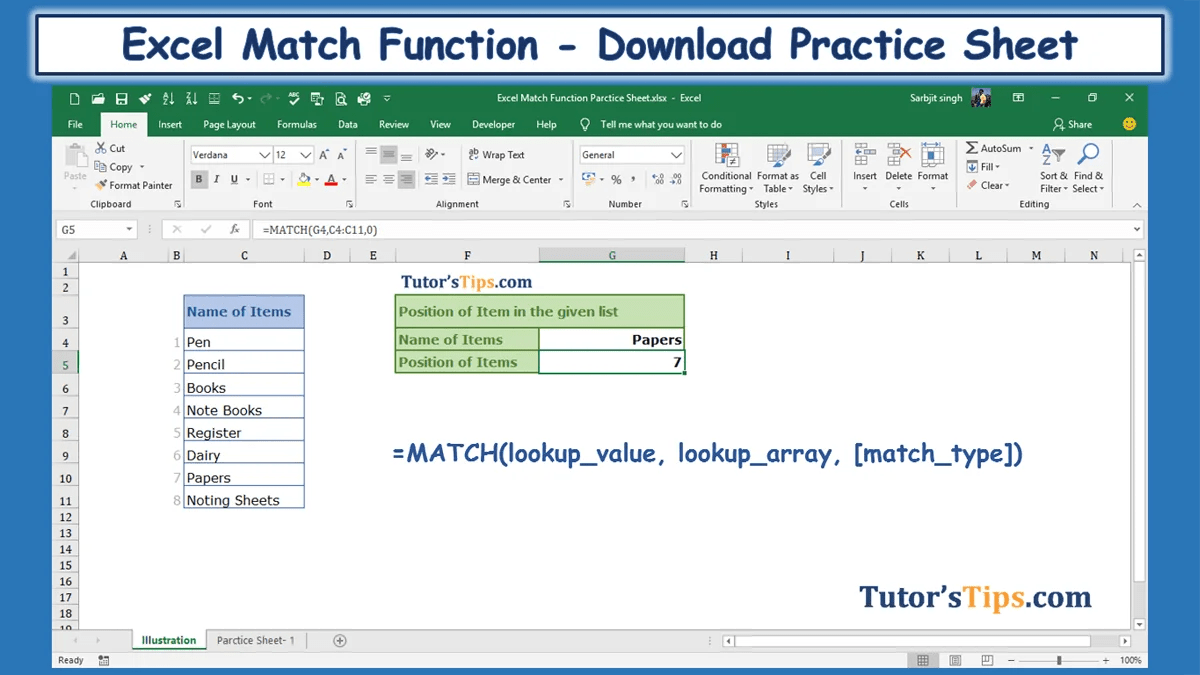 Excel Match Function Download practice Sheet Tutor's Tips