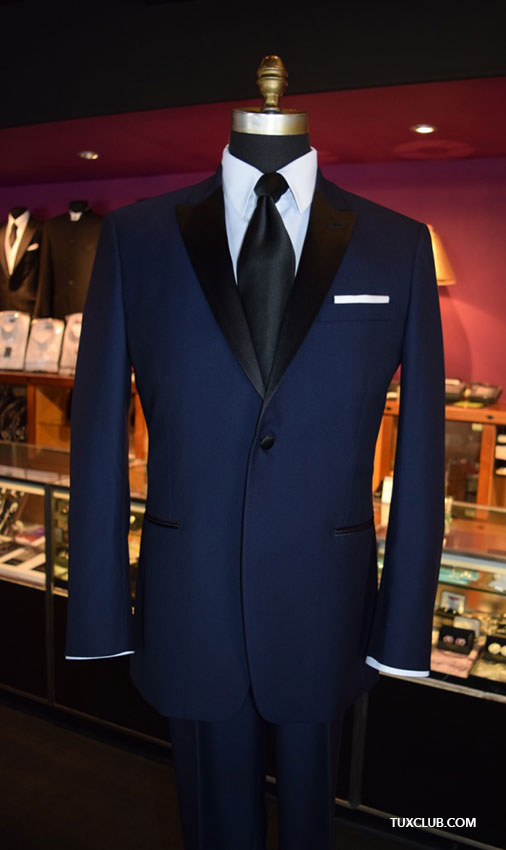 Navy Blue Tuxedo with Black Satin Dress Tie Tux Shop Tuxedo Rentals Suit Rentals The