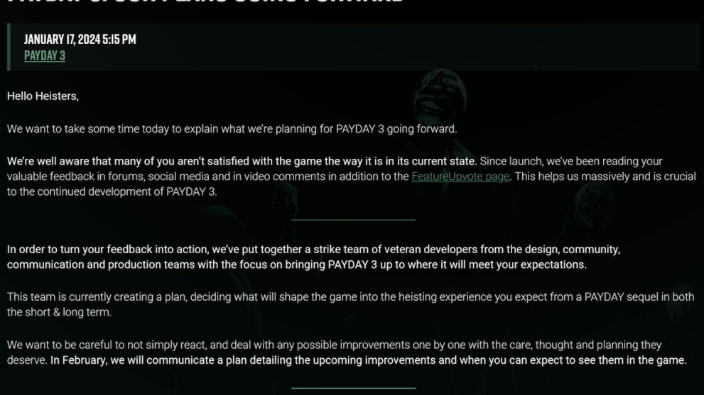 starbreeze studios payday 3 january statement