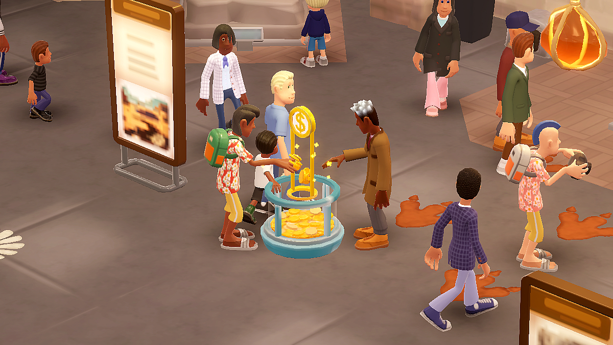 In game screenshot of visitors tipping at a museum.