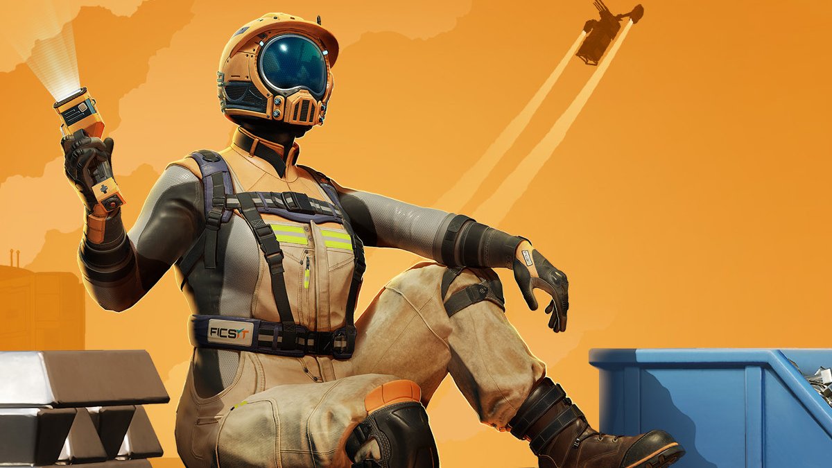 Satisfactory player character sitting holding torch with orange background