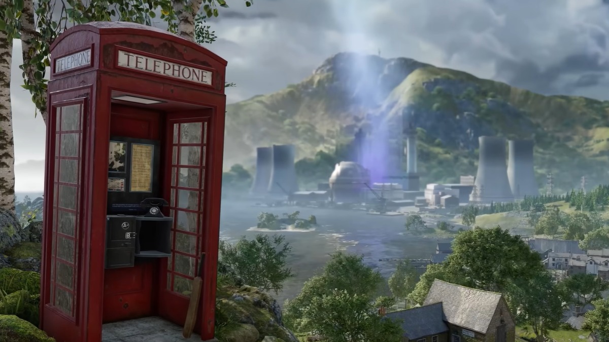 Atomfall telephone booth with mountains in the back