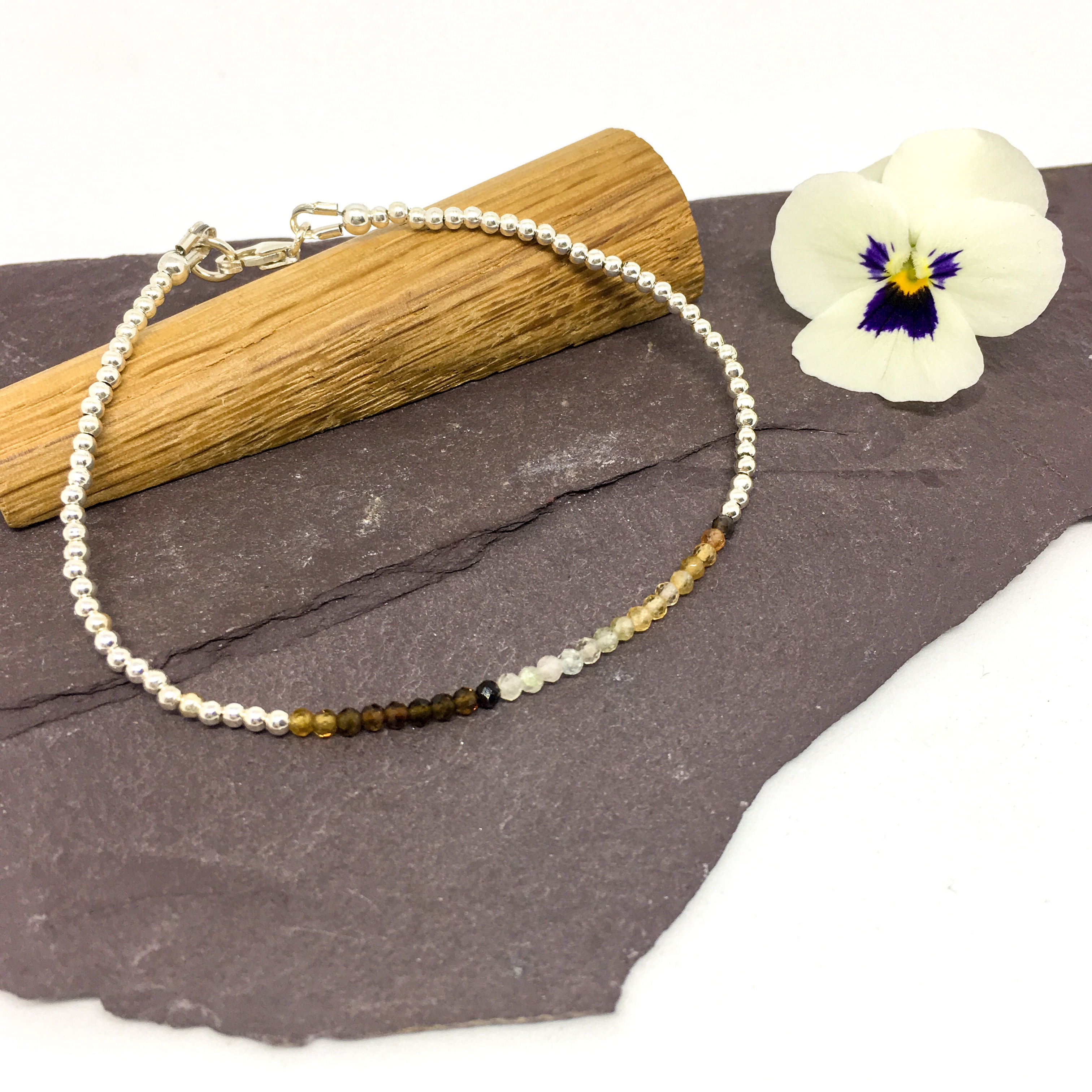 Brown tourmaline gemstone bracelet, tiny 2mm beaded bracelet, sterling