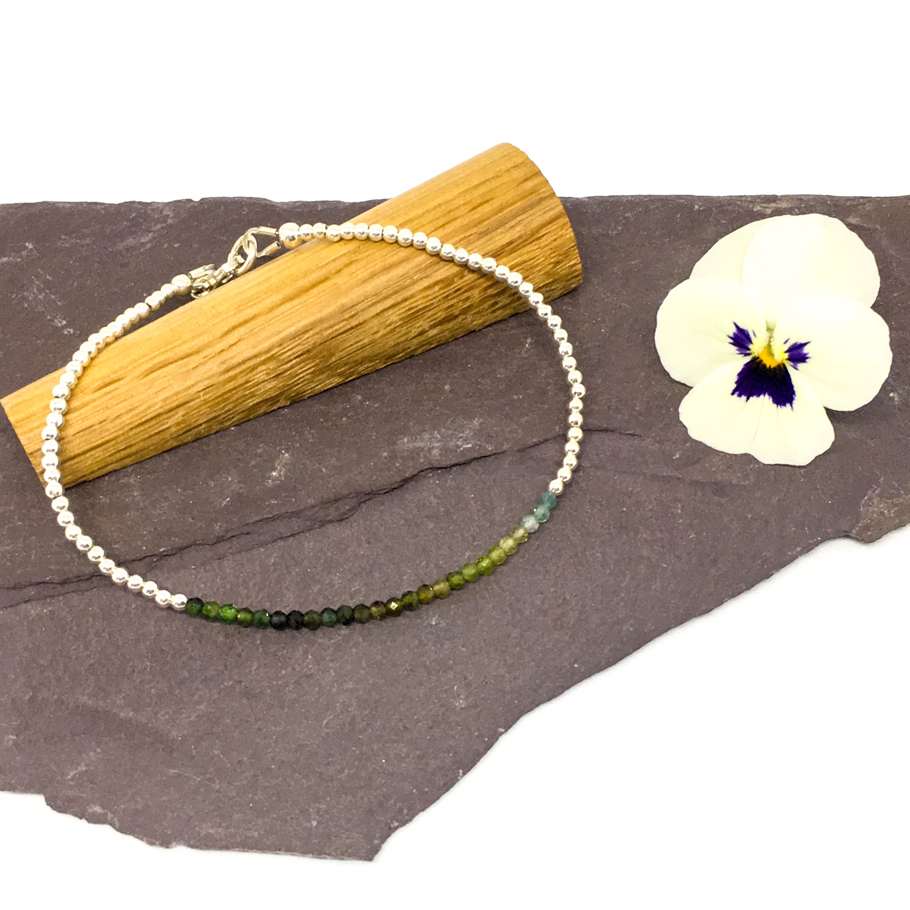 Green tourmaline gemstone bracelet, tiny 2mm beaded bracelet, sterling