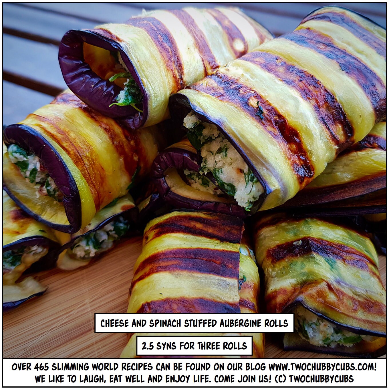 cheese and spinach stuffed aubergine rolls twochubbycubs