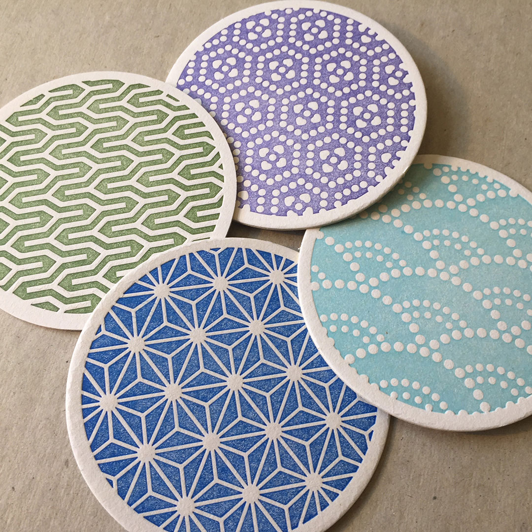 Japanese pattern letterpress coasters James Quigley graphic