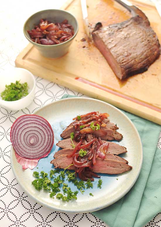 Broiled Flank Steak with Red Onion Marmalade Two Lucky Spoons