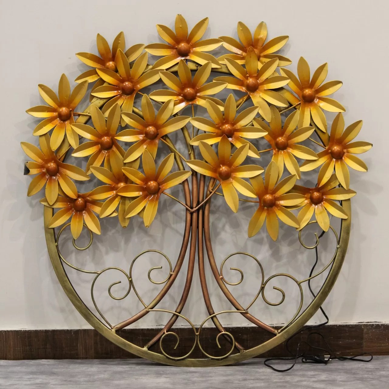 Circled Yellow Leaf Tree Metal Wall Art with Lit Two Owls