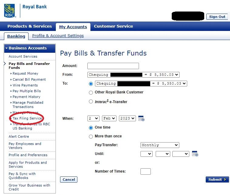 Payroll Remittance from Online Banking System (RBC) TaxWise Service