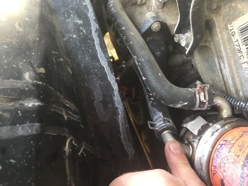 Shredded serpentine belt causes coolant leak World