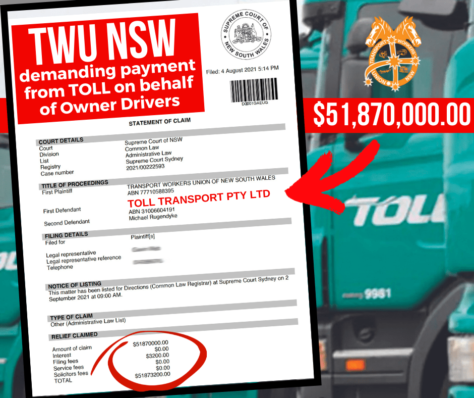 TWU NSW SUES TOLL OVER LATE PAYMENTS TO OWNER DRIVERS, AS 7,000