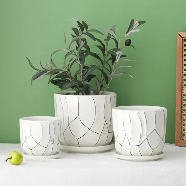 Stylish Set of 3 Hand Painted White Round Ceramic Flower Pots