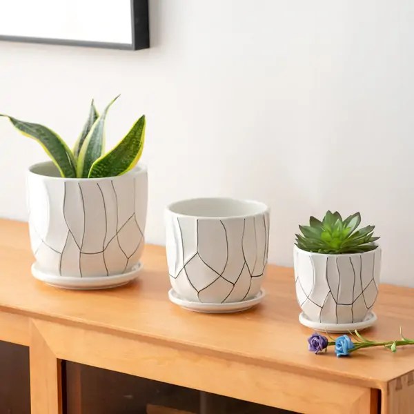 Stylish Set of 3 Hand Painted White Round Ceramic Flower Pots