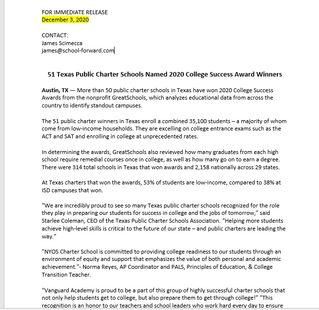 2020 Press Releases - Texas Public Charter Schools