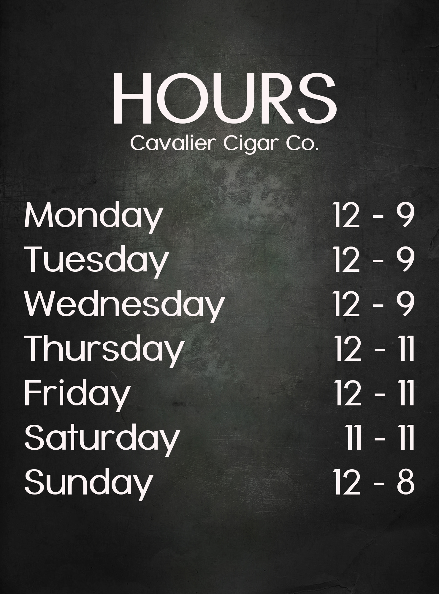 Hours Cavalier Cavalier Cigar Company