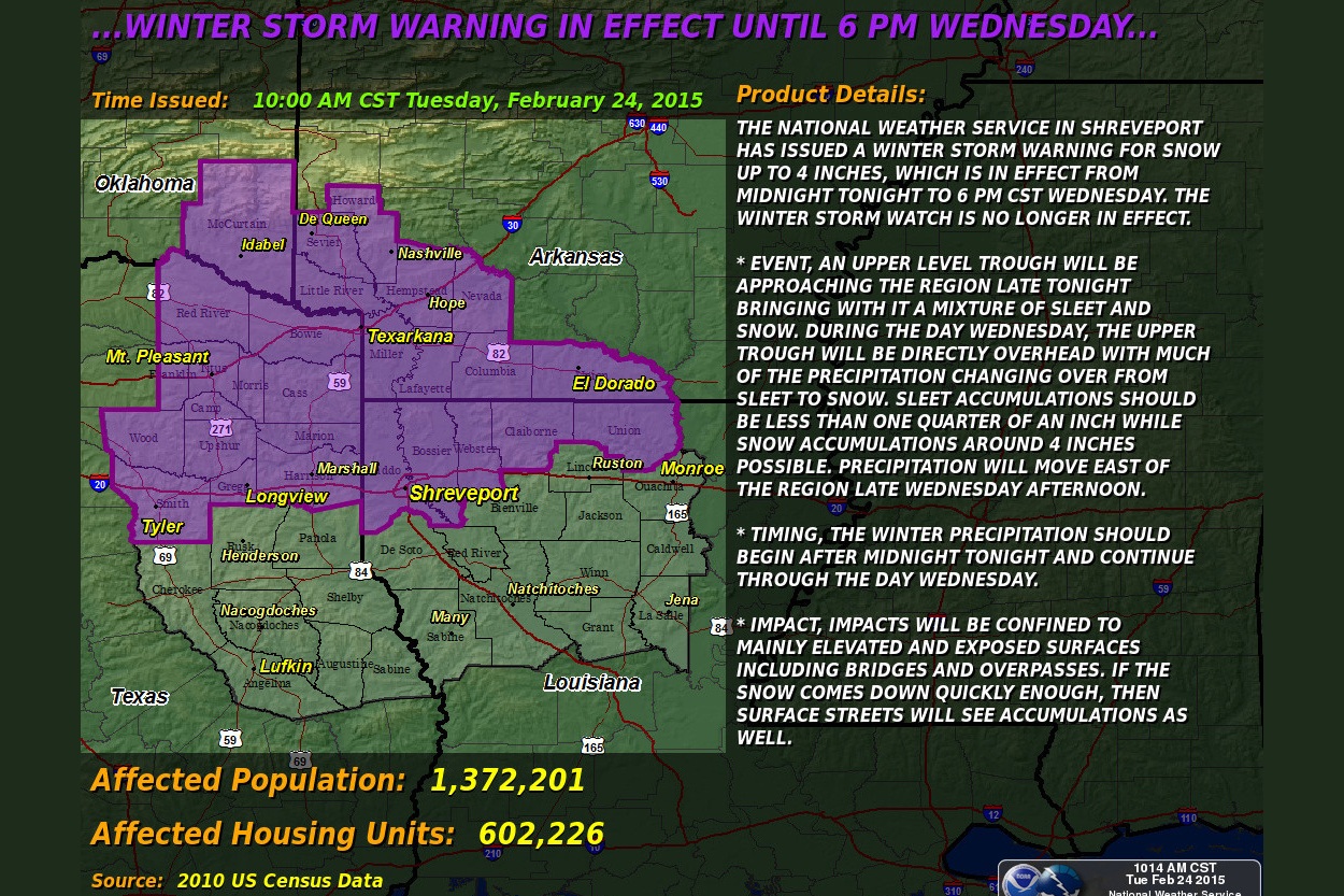 Winter Storm Warning For Texarkana Area Midnight Tonight until 6 p.m