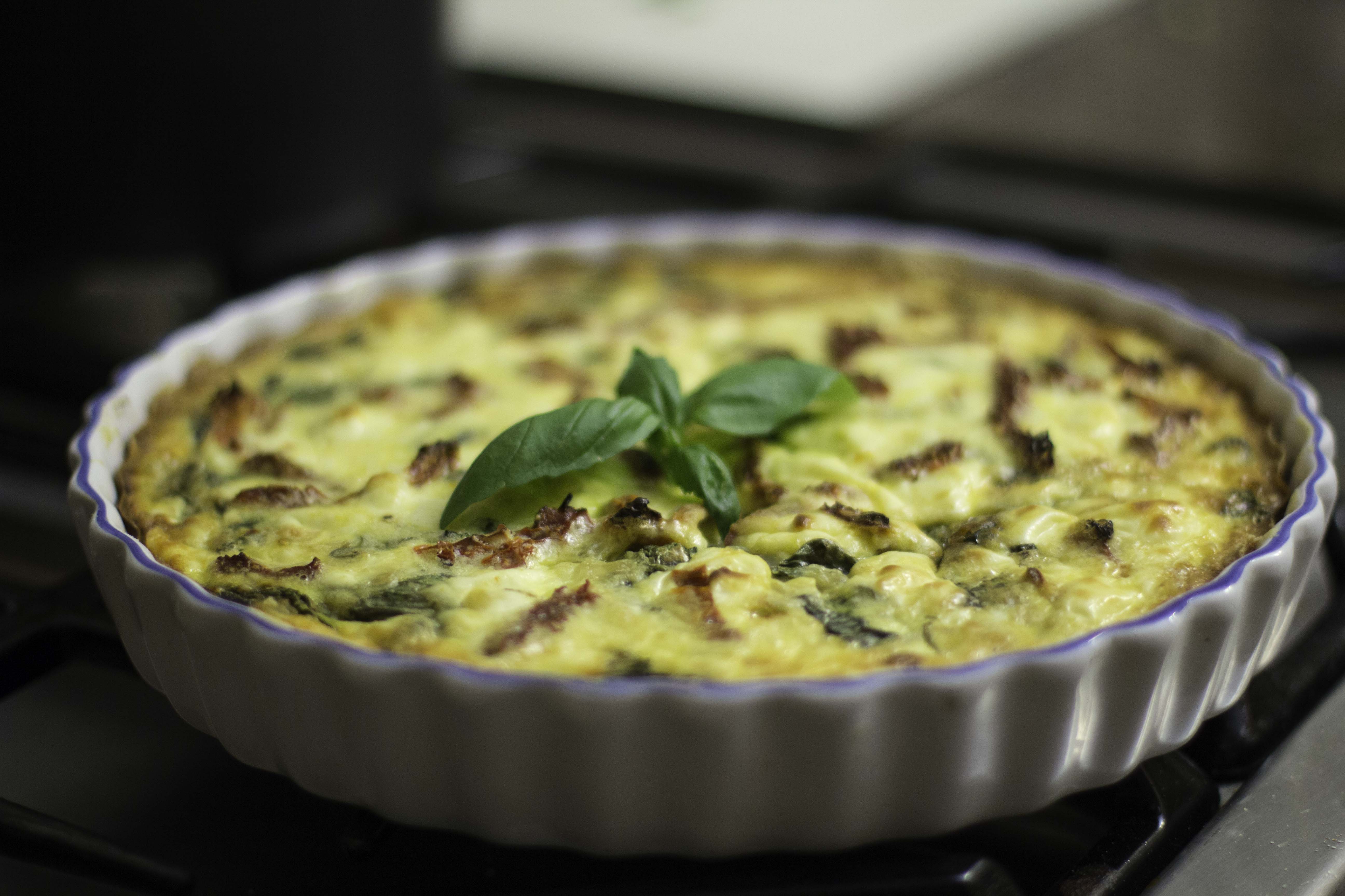 Caramelized Onions, Spinach, Goat Cheese & SunDried Tomato Quiche