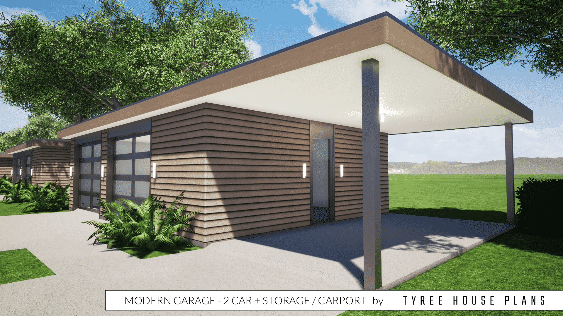 Modern Garage Plan 2 Car plus Storage and Carport by Tyree House Plans.