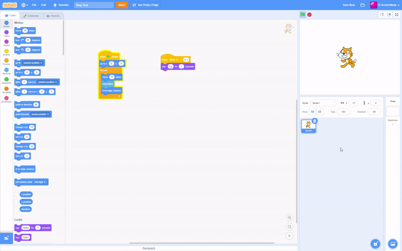 The "when [timer v] > ()" block prevents projects from stopping