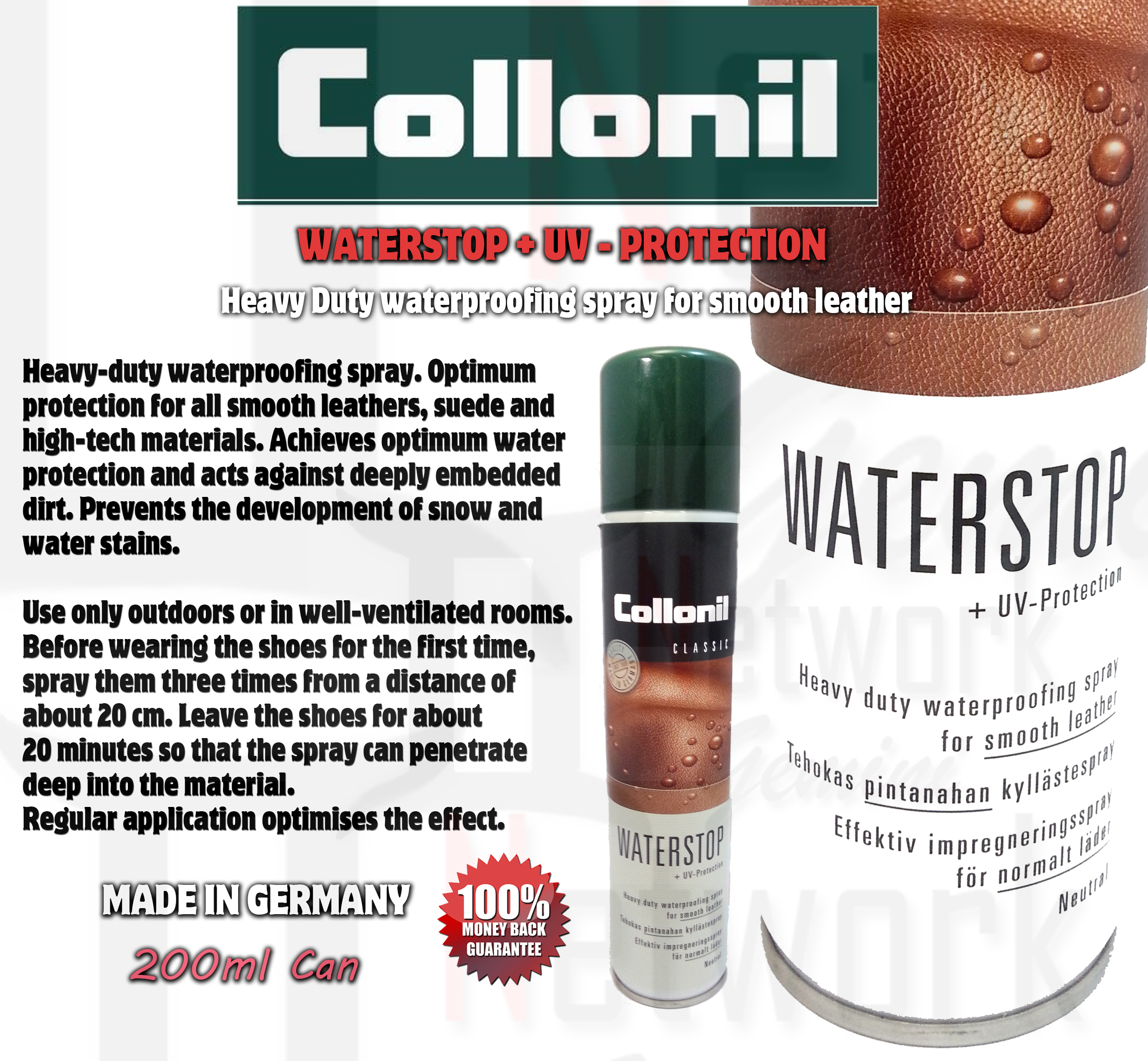 Collonil Waterproof Spray For Leather and Suede Prevents Water Stains