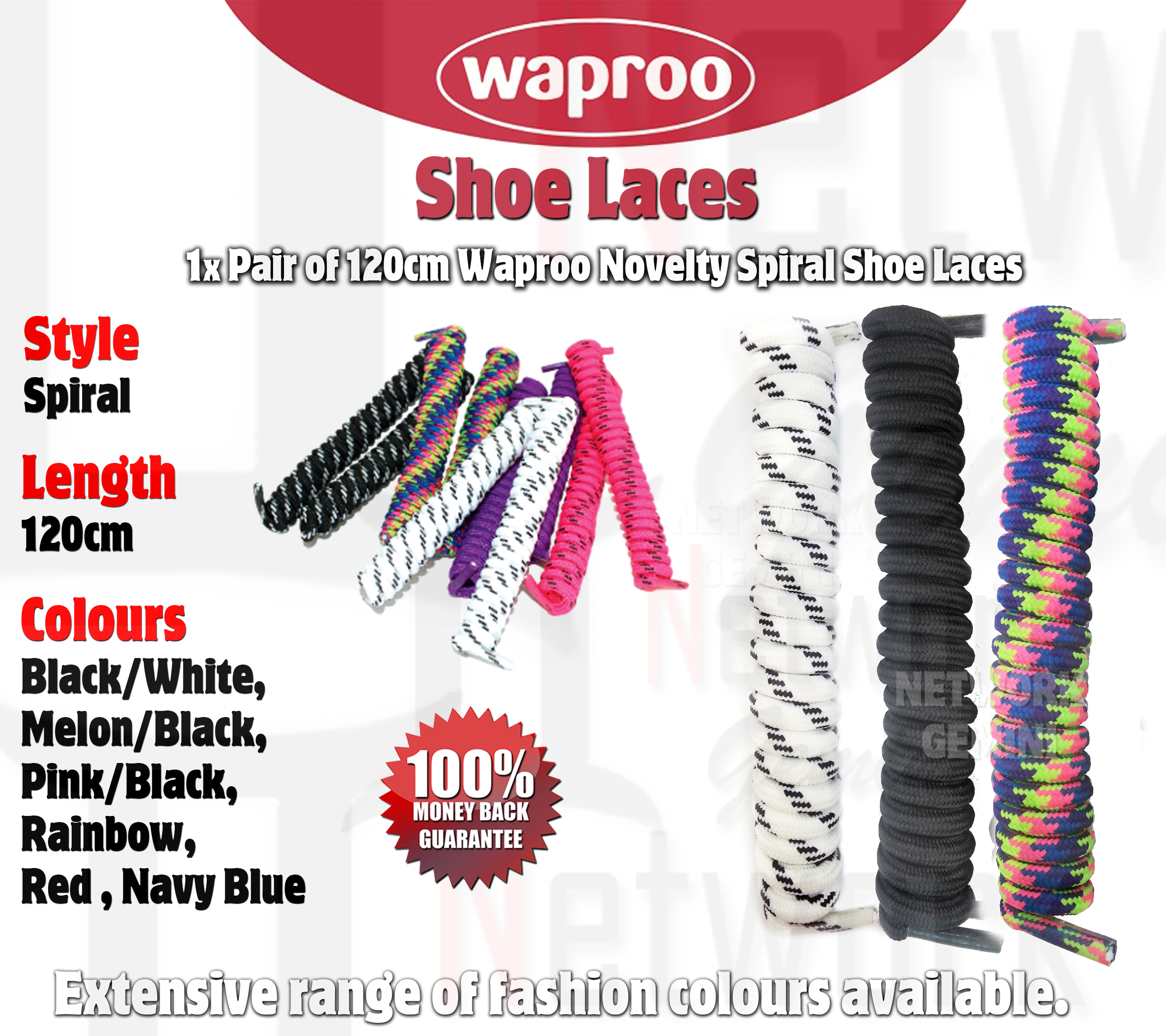 WAPROO SPIRAL CURLY SHOE LACES Black White Red Blue Fluro Shoelaces