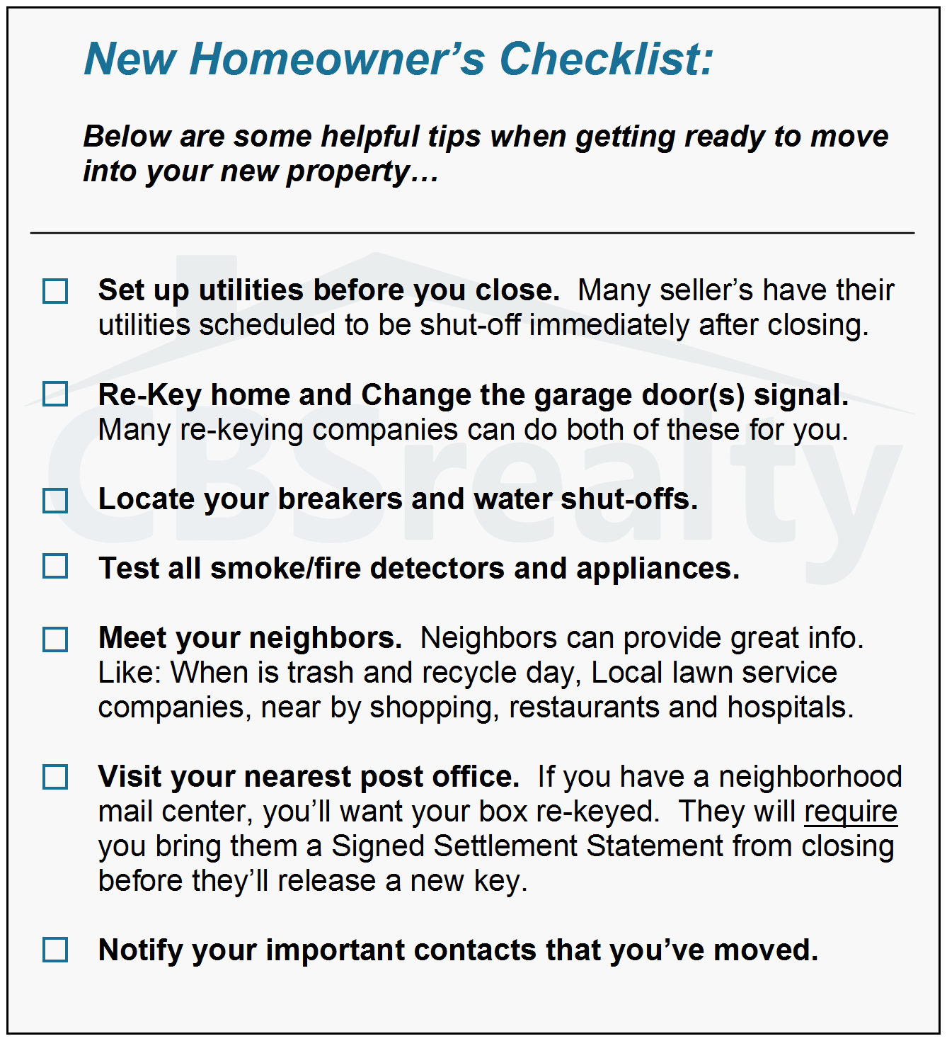 New Homeowner's Checklist