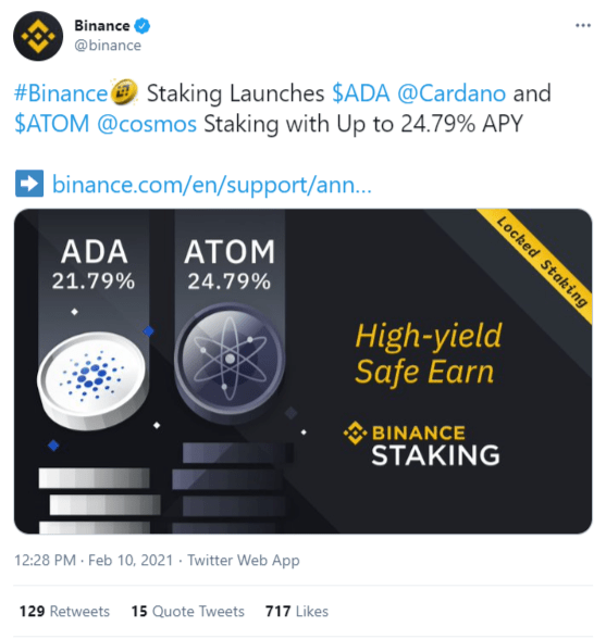 Cardano (ADA), Cosmos (ATOM) Staking Launched by Binance While BNB Adds