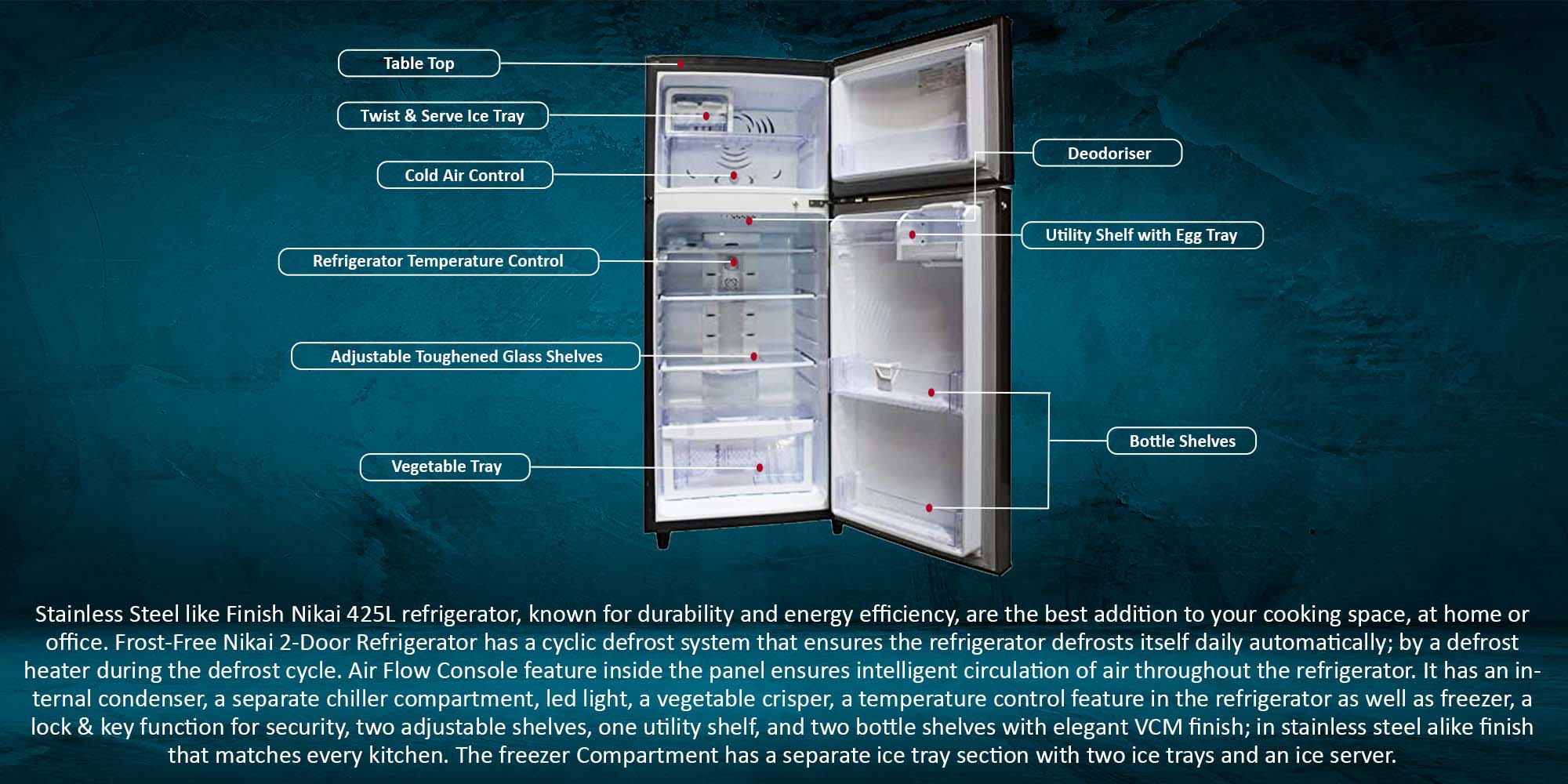 Nikai 425L Gross Capacity Double Doors Refrigerator, 275L Net Capacity