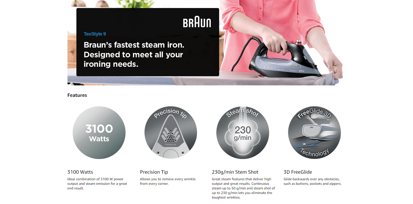 Braun TexStyle 9 Steam Iron, FreeGlide 3D EloxalPlus Soleplate, 330ml