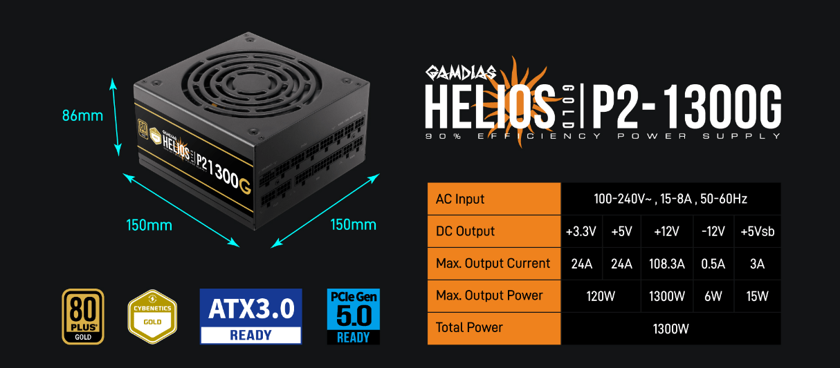 Gamdias Helios P2 1300G Power Supply, 1300W 80 Plus Gold Efficiency