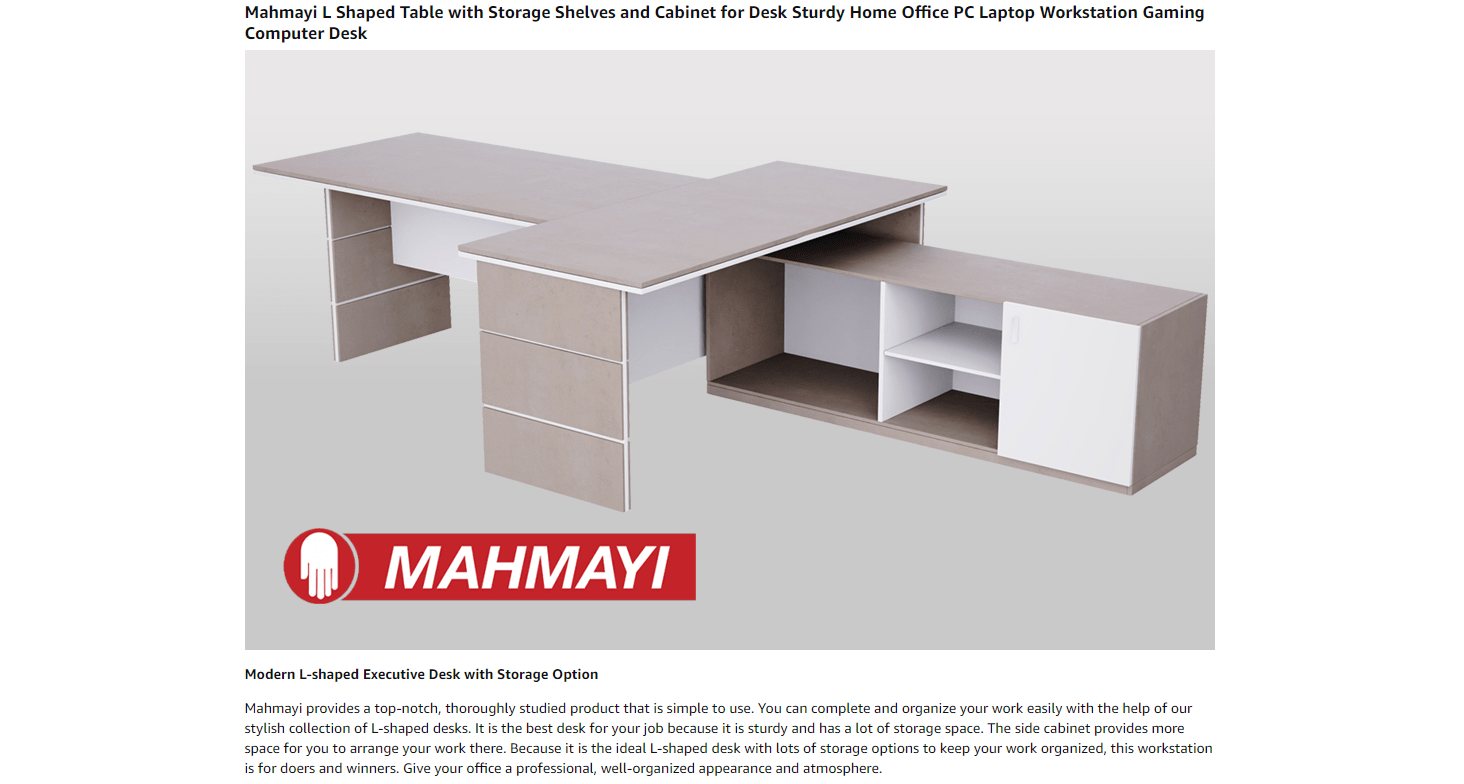 Mahmayi L Shaped Modern Executive Table Desk, Storage Shelves and