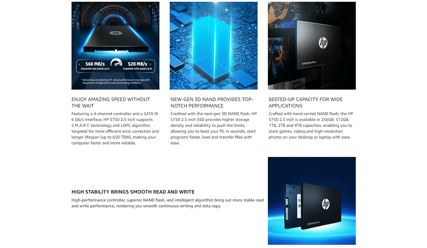 HP S750 SATA III 2.5" Desktop SSD, 512GB Capacity, Up to 560 MB/s Read