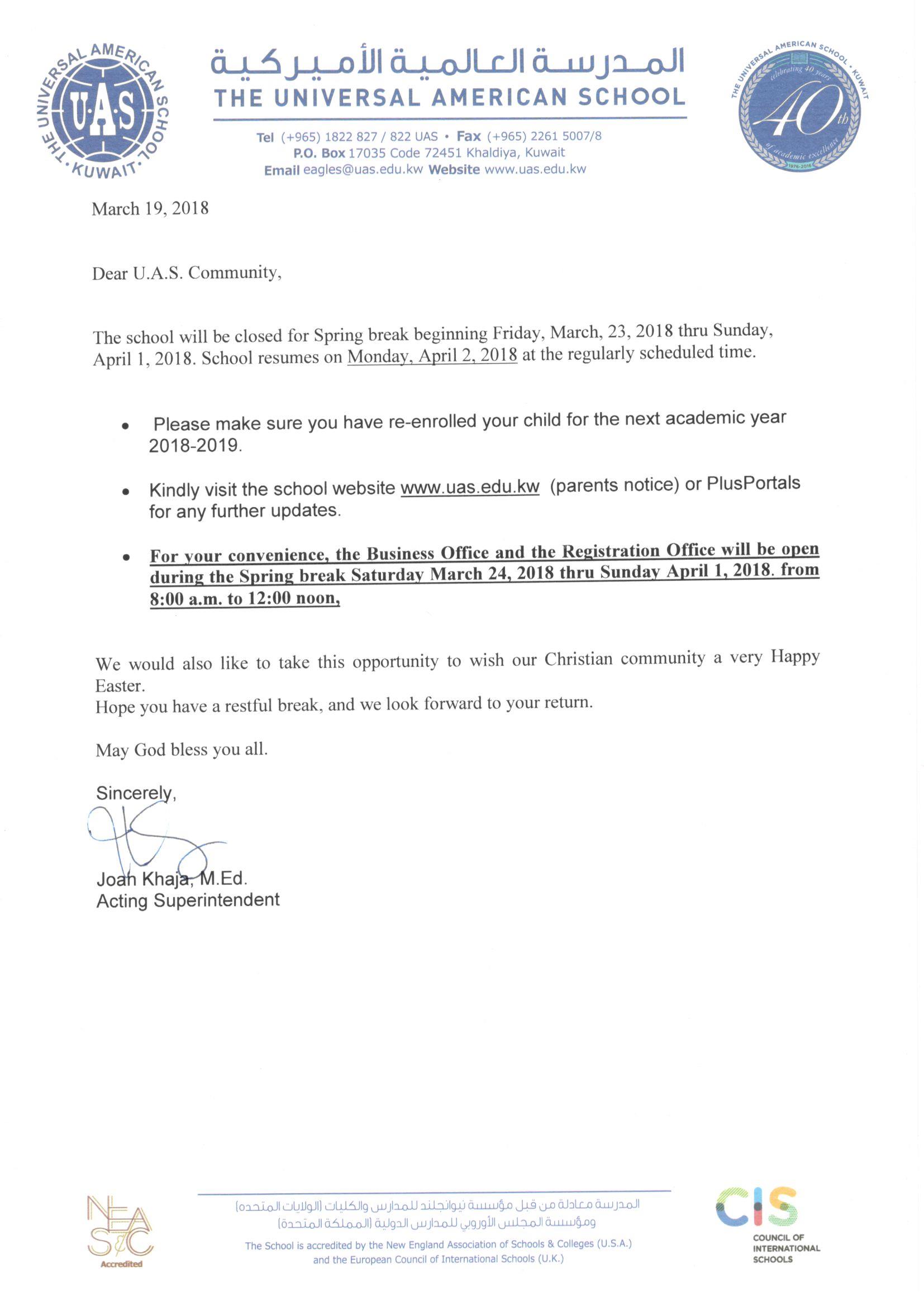 Letter to Parents Spring Break 20172018 (English) Universal