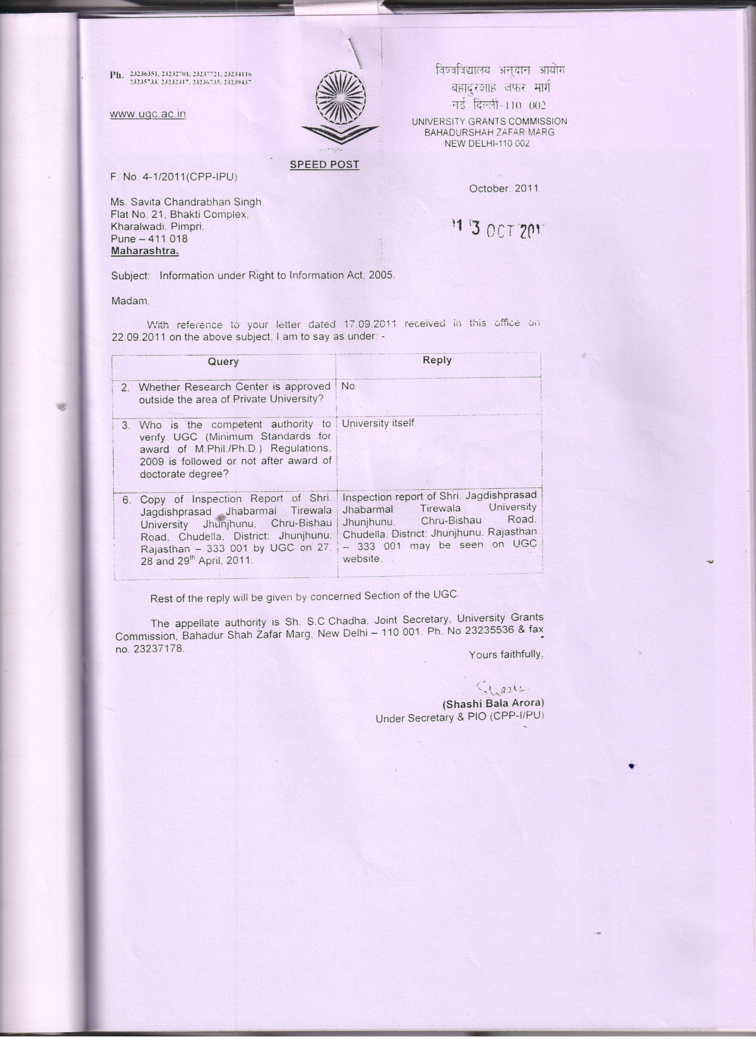 to JJT University UGC RTI